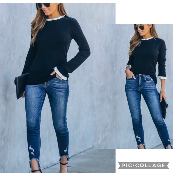 Black Sweater w/White Collar & Cuffs - Picture 2 of 7